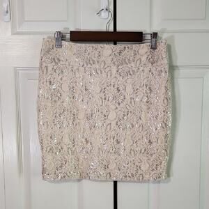 Heart Crush Cream & Silver Lace Mini Skirt Size LG Floral Glam Fairycore Lined